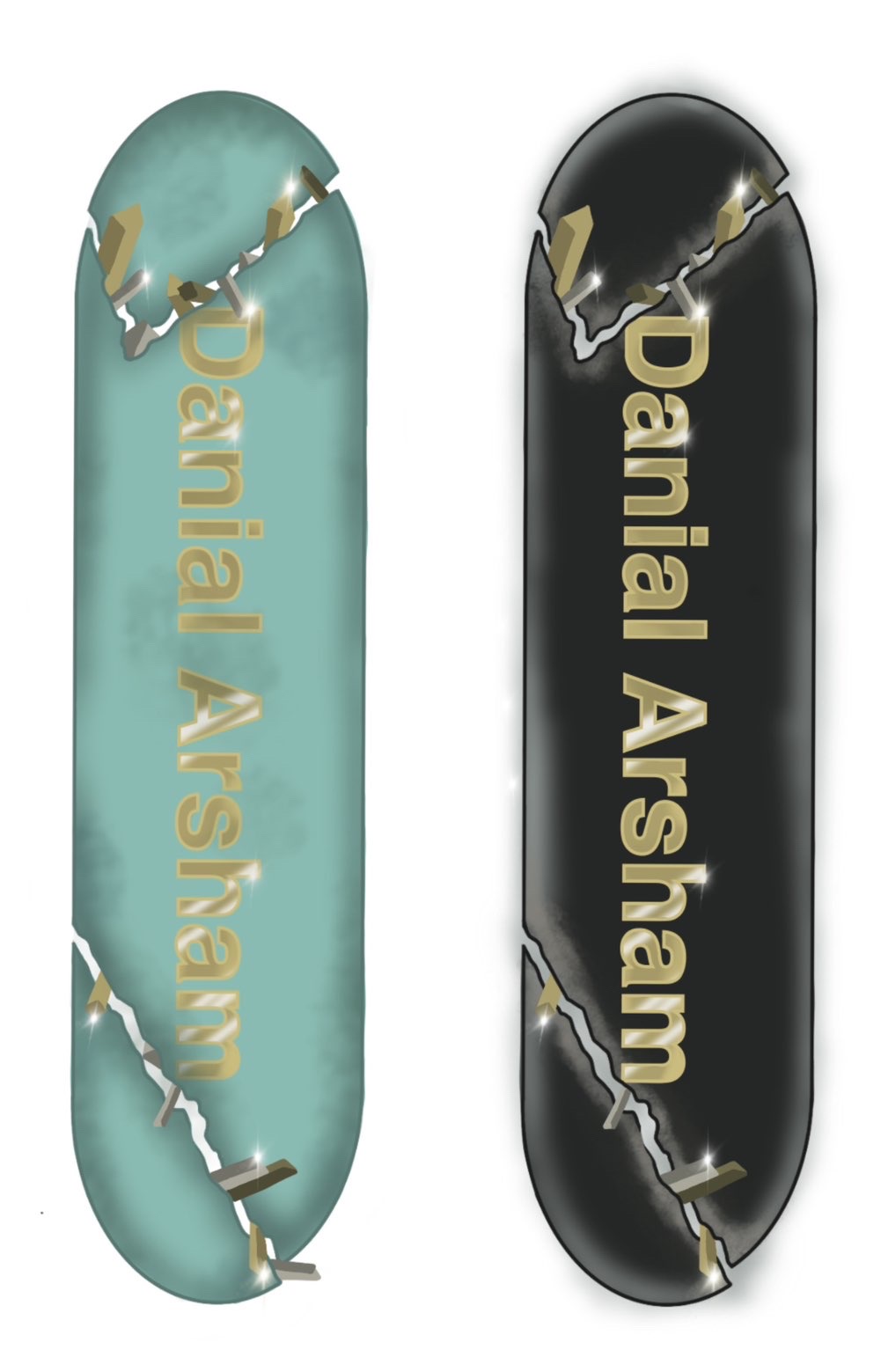 Turquoise and black Daniel Arsham skateboard deck studies