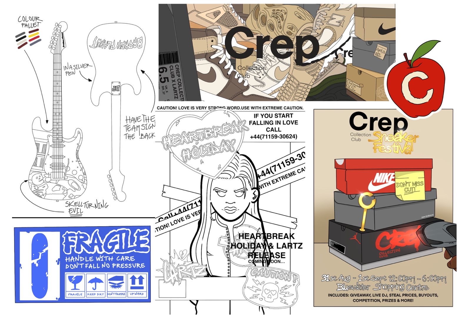 Mixed development board with guitar drawings, packaging studies and graphic layouts