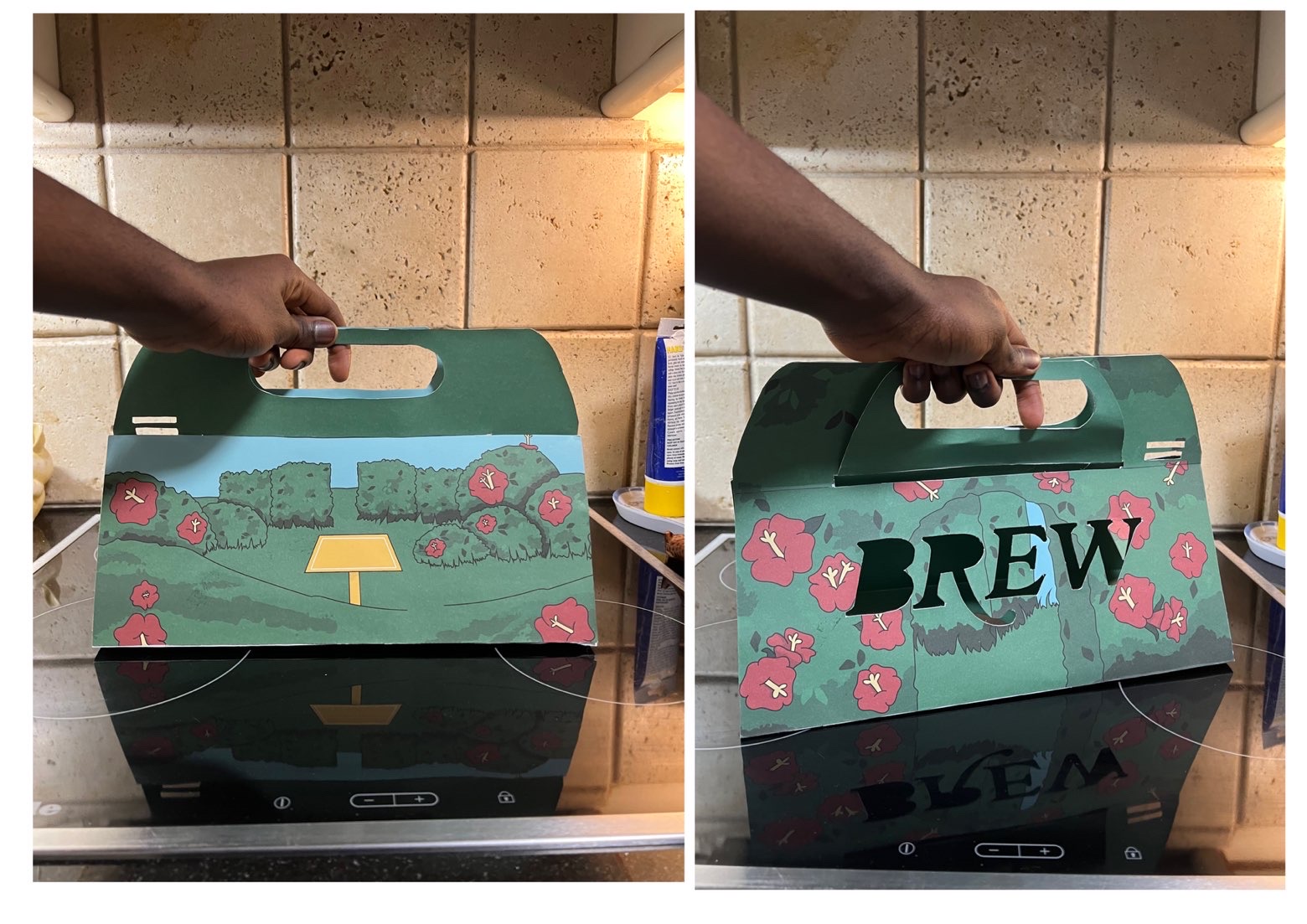 Two handmade illustrated carrying board prototypes with Brew lettering