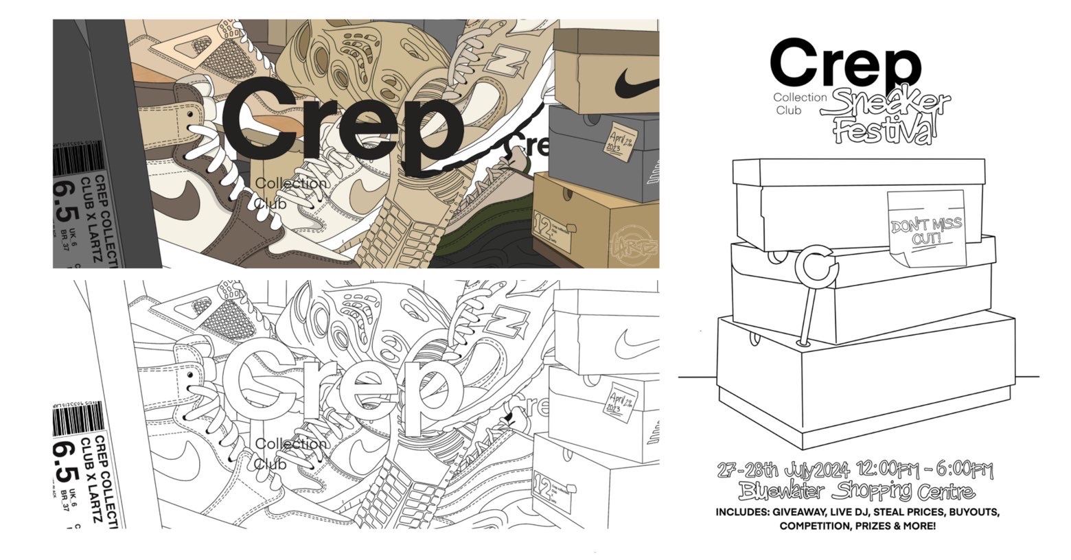Crep branded packaging concept and line drawings