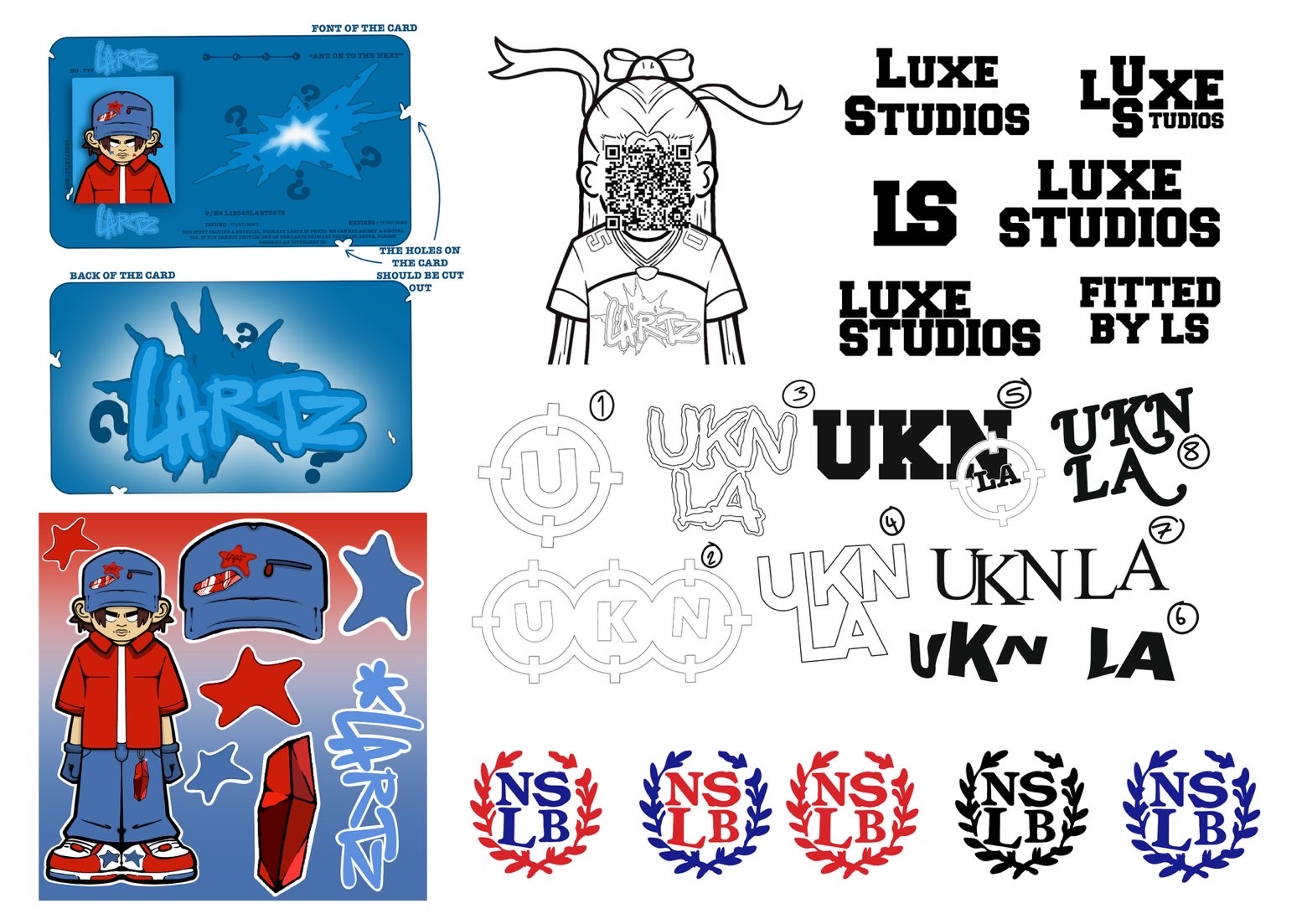 Mixed research board featuring Luxe Studios garment and lettering studies